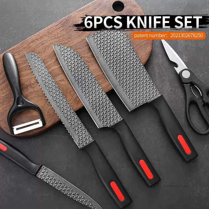 6 Pcs Black Coating Plastic Handle Kitchen Knife Set