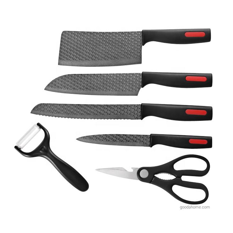 6 Pcs Black Coating Plastic Handle Kitchen Knife Set