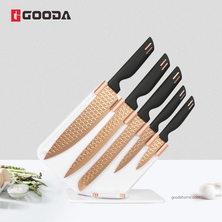 8 Piece Embossed Rose Gold Blade Kitchen Knife Set