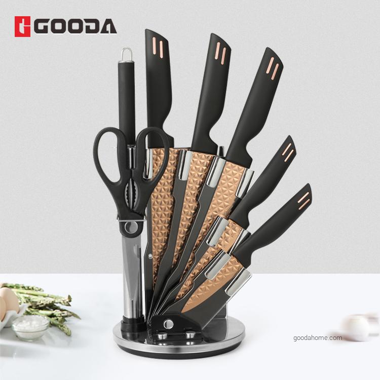 8 Piece Embossed Rose Gold Blade Kitchen Knife Set