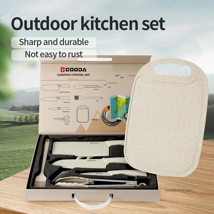 7 pcs High Carbon Steel Cutting Board Straw Oil Brush Food Clip Camping Utensil Kitchen Knife Set