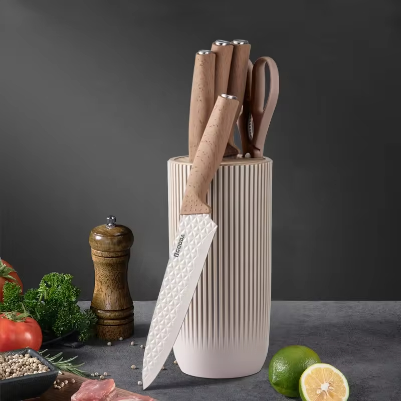 6 Pcs Wholesale Kitchen Knife Stainless Steel Wood Grain Kitchen Knife Non Stick Coated Chef Knife Set with Block