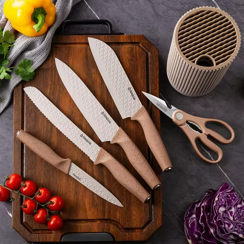 6 Pcs Wholesale Kitchen Knife Stainless Steel Wood Grain Kitchen Knife Non Stick Coated Chef Knife Set with Block