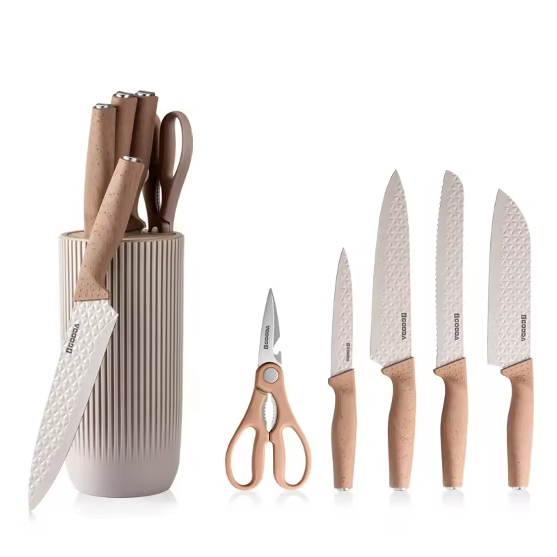 6 Pcs Wholesale Kitchen Knife Stainless Steel Wood Grain Kitchen Knife Non Stick Coated Chef Knife Set with Block