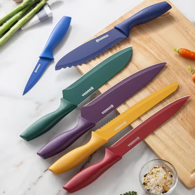 6 Piece Wholesale kitchen knife set stainless steel blade plastic handle colorful non-stick coating chef knife set