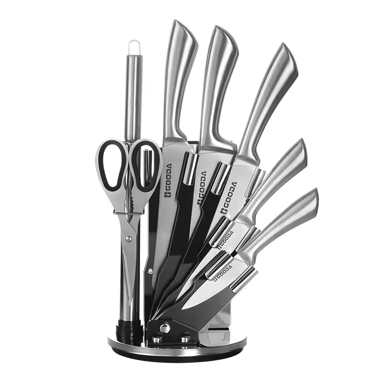 8 Pcs Stainless Steel Chef Knife Set Scissor Sharpener with Hollow Handle Swivel Acrylic Stand Kitchen Knife Set