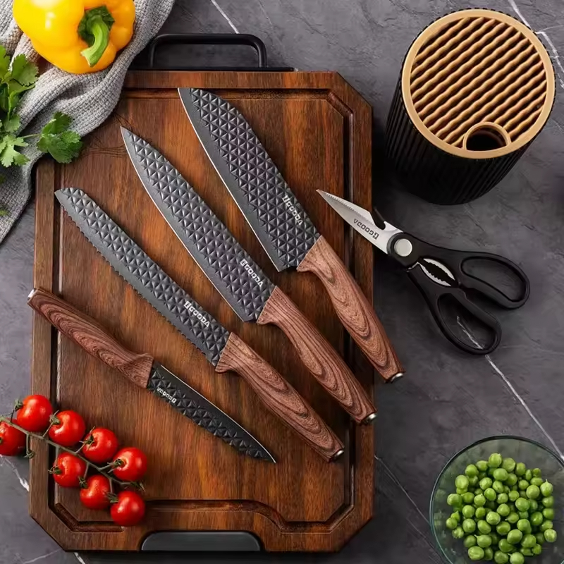 6 Pcs Kitchen Knife Stainless Steel Wood Grain Kitchen Knife Non-Stick Coated Chef Knife Set