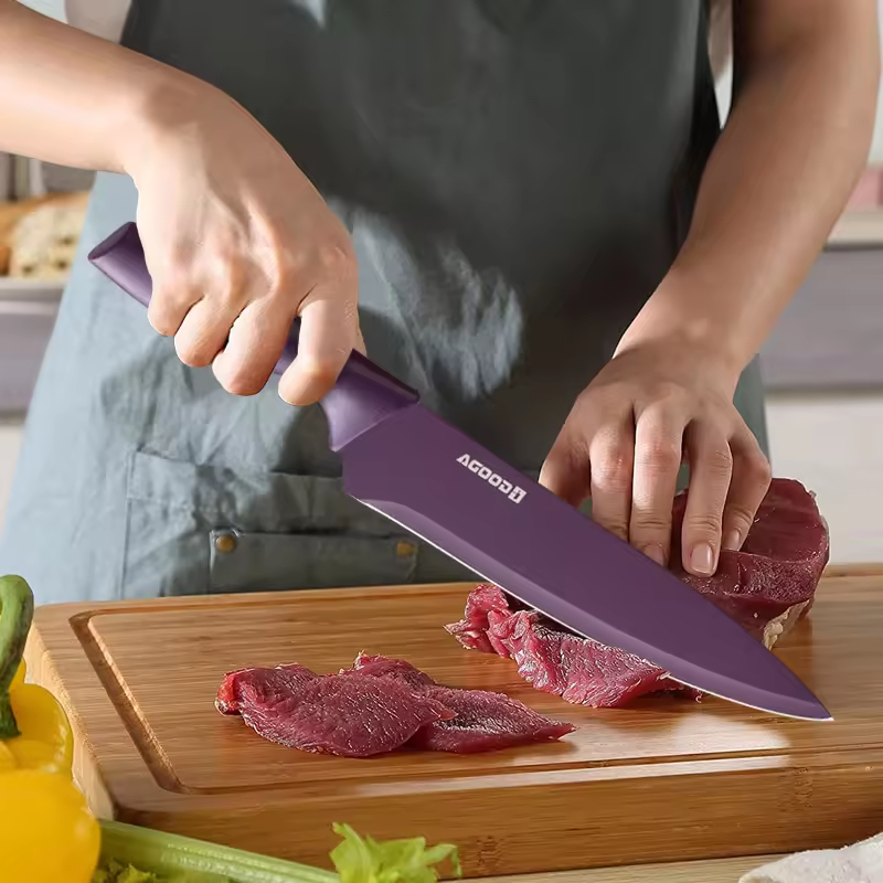 6 Piece Wholesale kitchen knife set stainless steel blade plastic handle colorful non-stick coating chef knife set