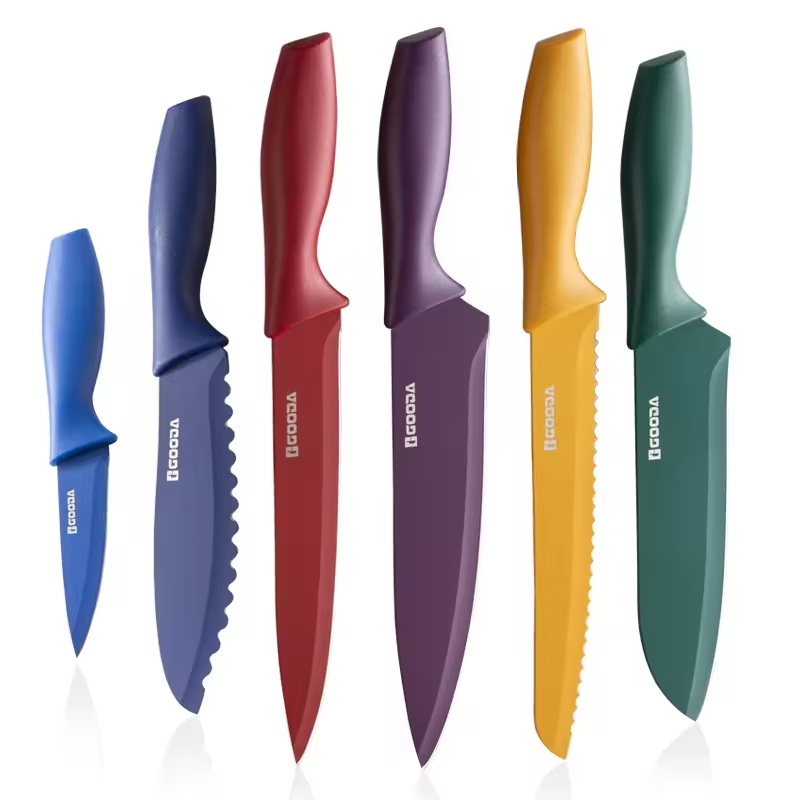 6 Piece Wholesale kitchen knife set stainless steel blade plastic handle colorful non-stick coating chef knife set