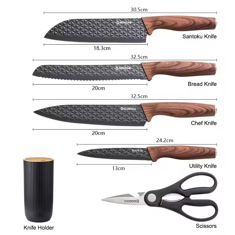 6 Pcs Kitchen Knife Stainless Steel Wood Grain Kitchen Knife Non-Stick Coated Chef Knife Set